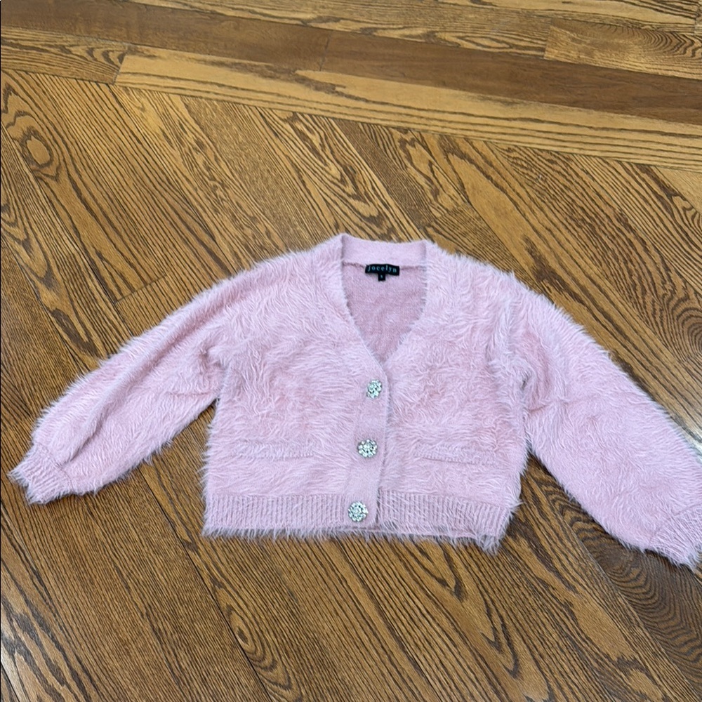 Pink Fuzzy Cardigan with Crystal Buttons